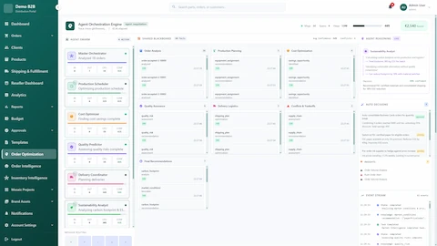 Agent Orchestration Engine with 8 active agents on shared blackboard displaying real-time order analysis, production planning, cost optimization, quality assurance, delivery logistics, and live AI reasoning with automated decisions and conflict resolution